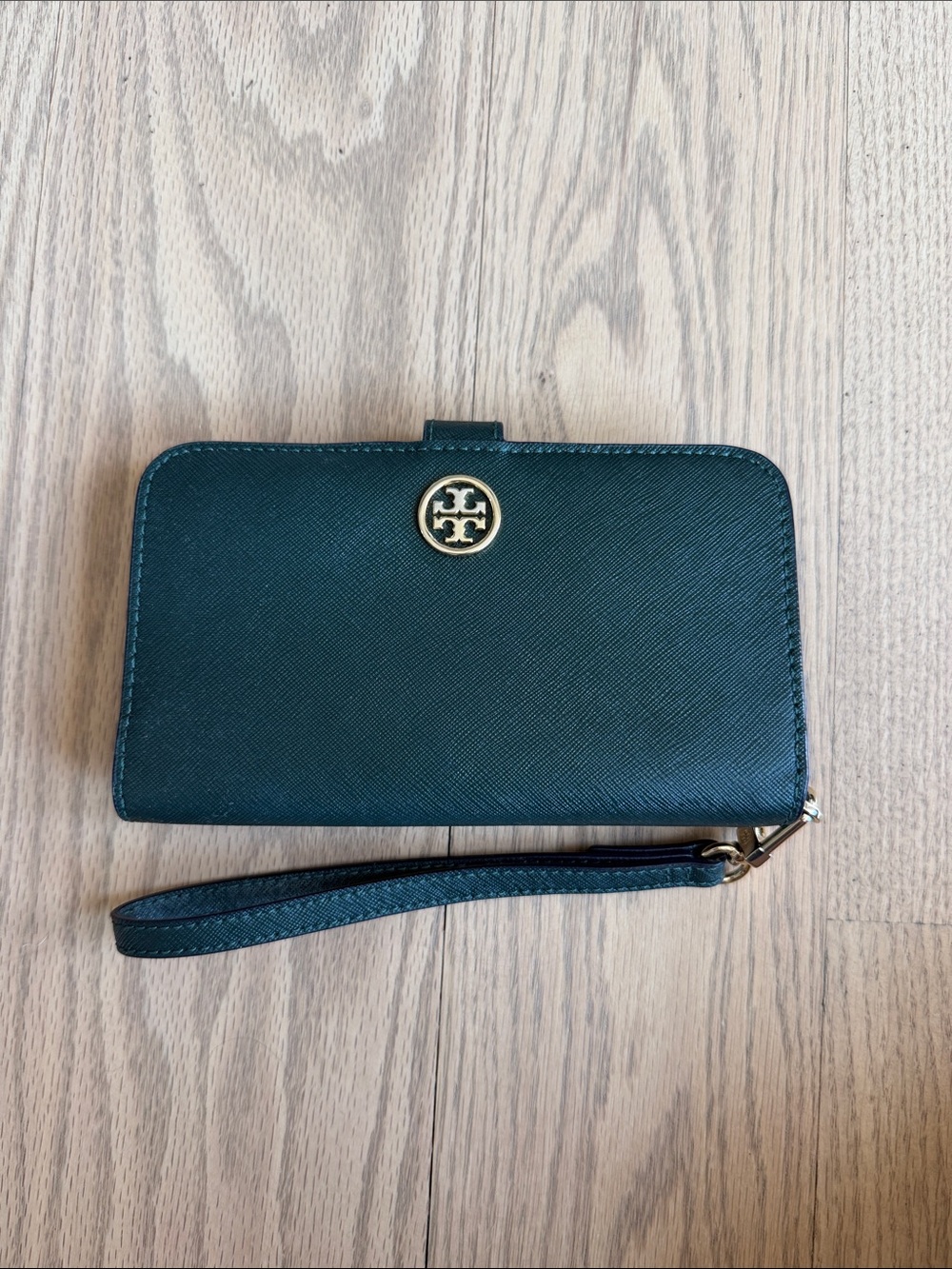 Tory Burch Dark Green Saffiano Wristlet Card Holder with Gold Logo